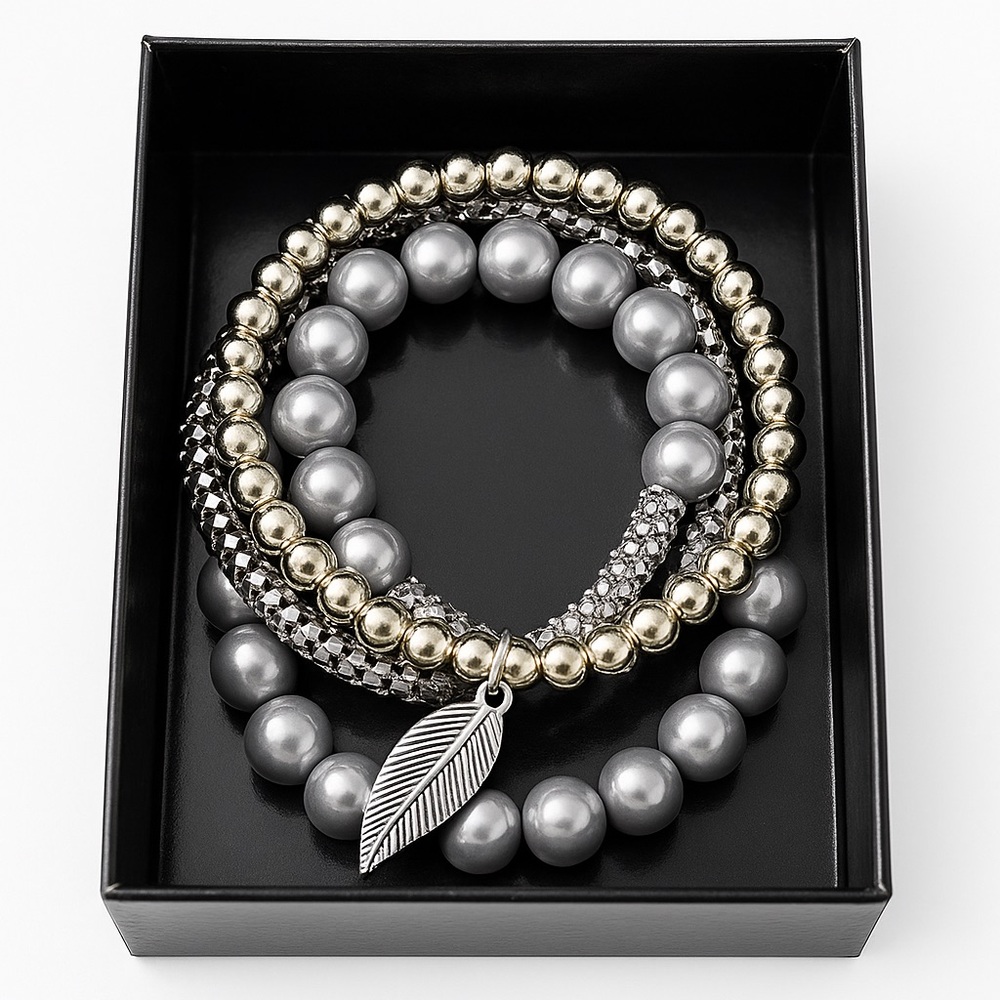 Silver & Gold Stretch Bracelet Set • Pearl & Metallic Beads • Leaf Charm